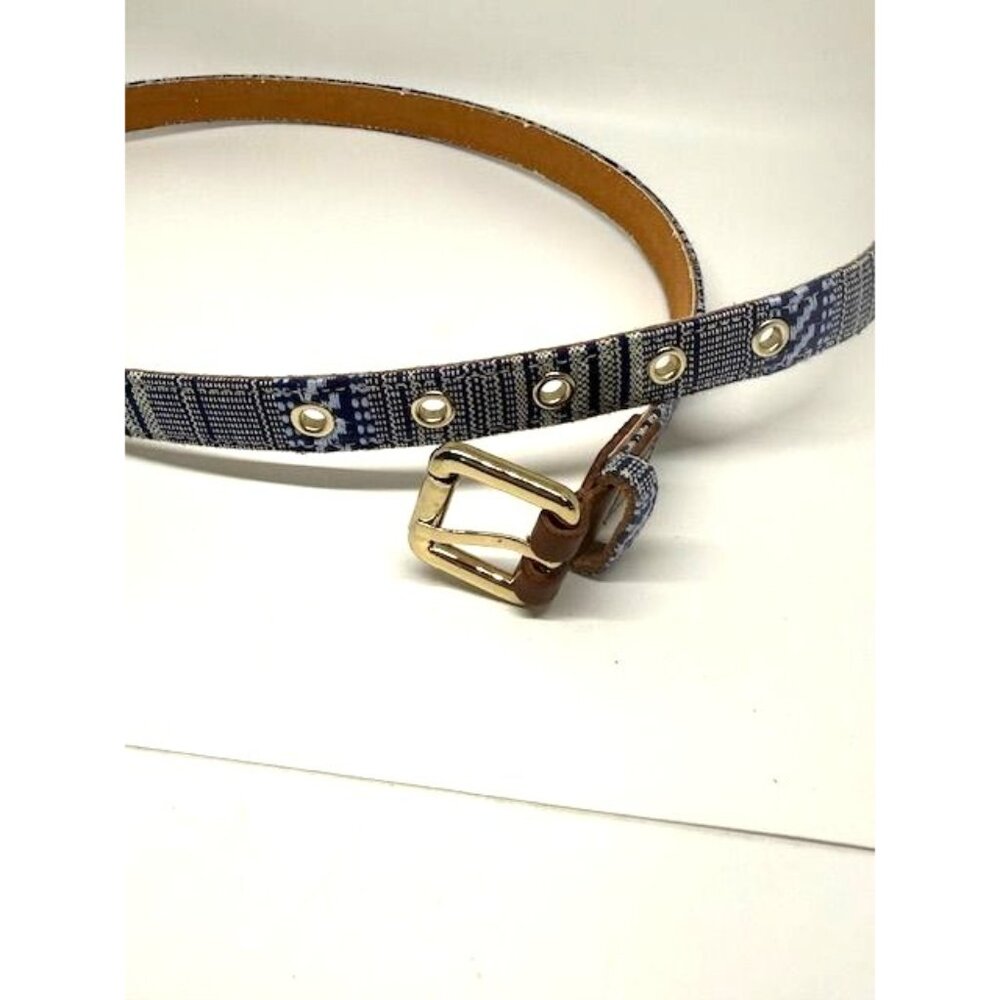 J. McLaughlin Women's Blue & White Striped Needlepoint Belt w/ Brass Buckle Size - Picture 2 of 3